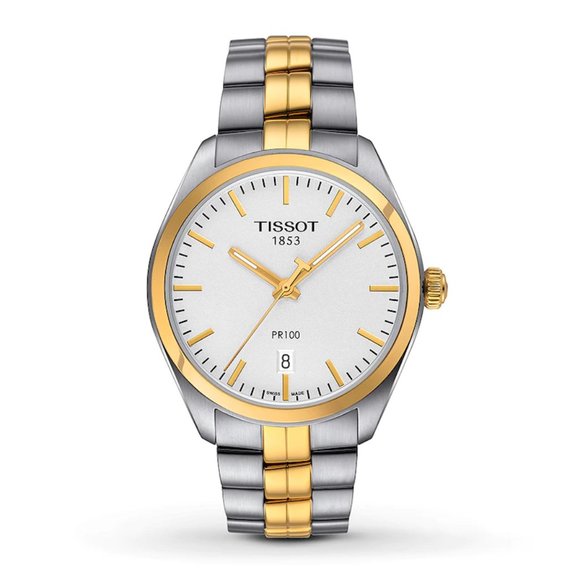 Tissot Men's PR100 Stainless Steel Two Tone Gold Plated Bracelet Date Watch - Picture 1 of 4
